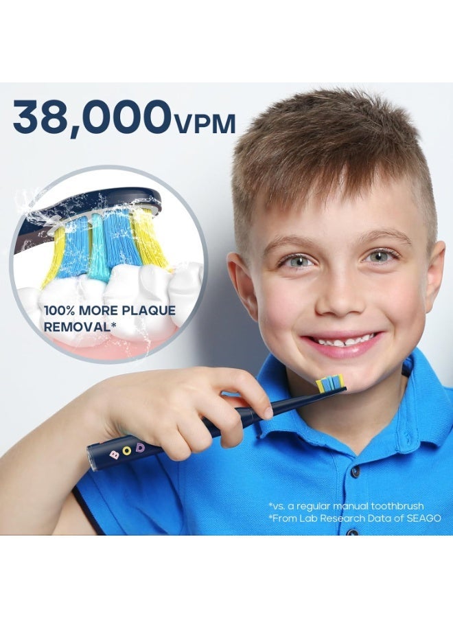 SEAGO Kids Electric Toothbrush, Rechargeable Sonic Soft Bristle Toothbrushes with 8 Brush Heads, DIY Stickers and 5 Modes, Ideal for Kids and Children, Ages 3–12(Navy) - Image 2
