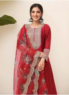 Red Kurta Set Straight Fit 3/4 Sleeve Sleeve made from POLY VISCOSE featuring Self Design design and Round Neck neckline - Perfect for Ethinic!