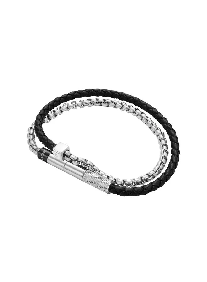بوليس Blend Bracelet for Men Stainless Steel with Black Leather and ChainPEAGB0011501