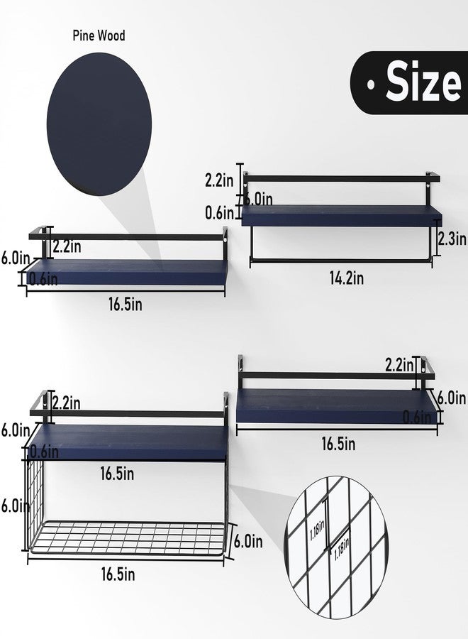 LUDORU Wood Floating Shelves Wall Mounted - 4+1 Tier Rustic Bathroom Wall Shelves Over Toilet with Wire Storage Basket and Towel Bar, set of 4 Farmhouse Floating Shelf for Bathroom, Kitchen,Navy Blue. - Image 3