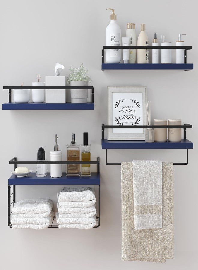 LUDORU Wood Floating Shelves Wall Mounted - 4+1 Tier Rustic Bathroom Wall Shelves Over Toilet with Wire Storage Basket and Towel Bar, set of 4 Farmhouse Floating Shelf for Bathroom, Kitchen,Navy Blue. - Image 1