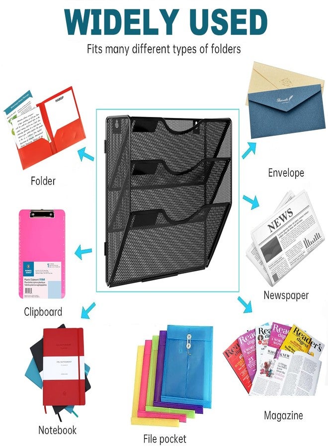 PAG Hanging Wall File Holder, 3 Tier Mail Sorter for Wall, Mesh Office Wall Organizer For Papers/Folders/Files Clipboard & Magazine, Black - Image 4