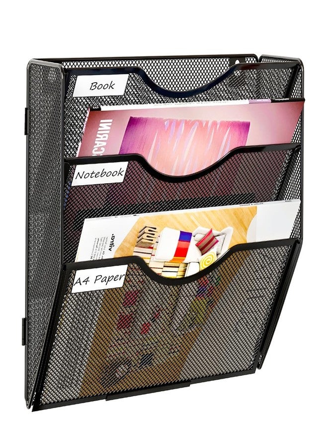 PAG Hanging Wall File Holder, 3 Tier Mail Sorter for Wall, Mesh Office Wall Organizer For Papers/Folders/Files Clipboard & Magazine, Black - Image 1