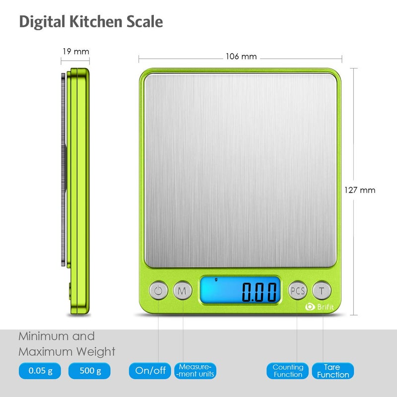 AMIR Digital Kitchen Scale, 500g-0.01g Mini Pocket Jewelry Scale, Cooking Food Scale with Backlit LCD Display, 2 Trays, 6 Units, Auto Off, Tare, Stainless Steel (Battery Included) - Image 5