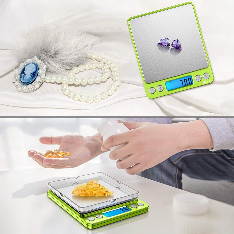 AMIR Digital Kitchen Scale, 500g-0.01g Mini Pocket Jewelry Scale, Cooking Food Scale with Backlit LCD Display, 2 Trays, 6 Units, Auto Off, Tare, Stainless Steel (Battery Included) - Image 2