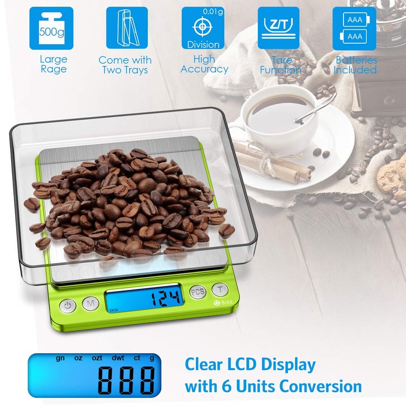 AMIR Digital Kitchen Scale, 500g-0.01g Mini Pocket Jewelry Scale, Cooking Food Scale with Backlit LCD Display, 2 Trays, 6 Units, Auto Off, Tare, Stainless Steel (Battery Included) - Image 3