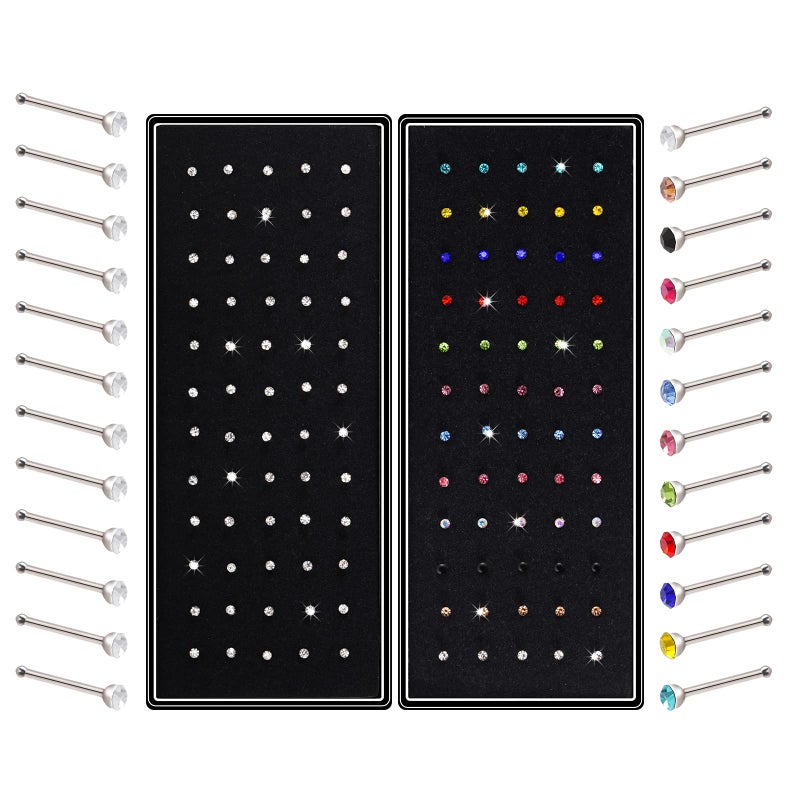 cnomg 2 Sets 120 pcs Stainless Steel Nose Ring Body Piercing Jewelry Nose Bone Stud Nose Hoop Crystal Hypoallergenic White+Multicolor 1.5 MM (White and Multicolor, 2mm) - Image 1