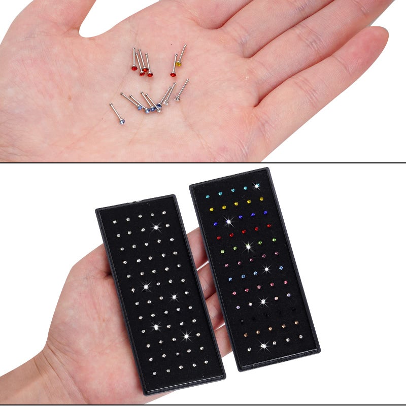 cnomg 2 Sets 120 pcs Stainless Steel Nose Ring Body Piercing Jewelry Nose Bone Stud Nose Hoop Crystal Hypoallergenic White+Multicolor 1.5 MM (White and Multicolor, 2mm) - Image 3