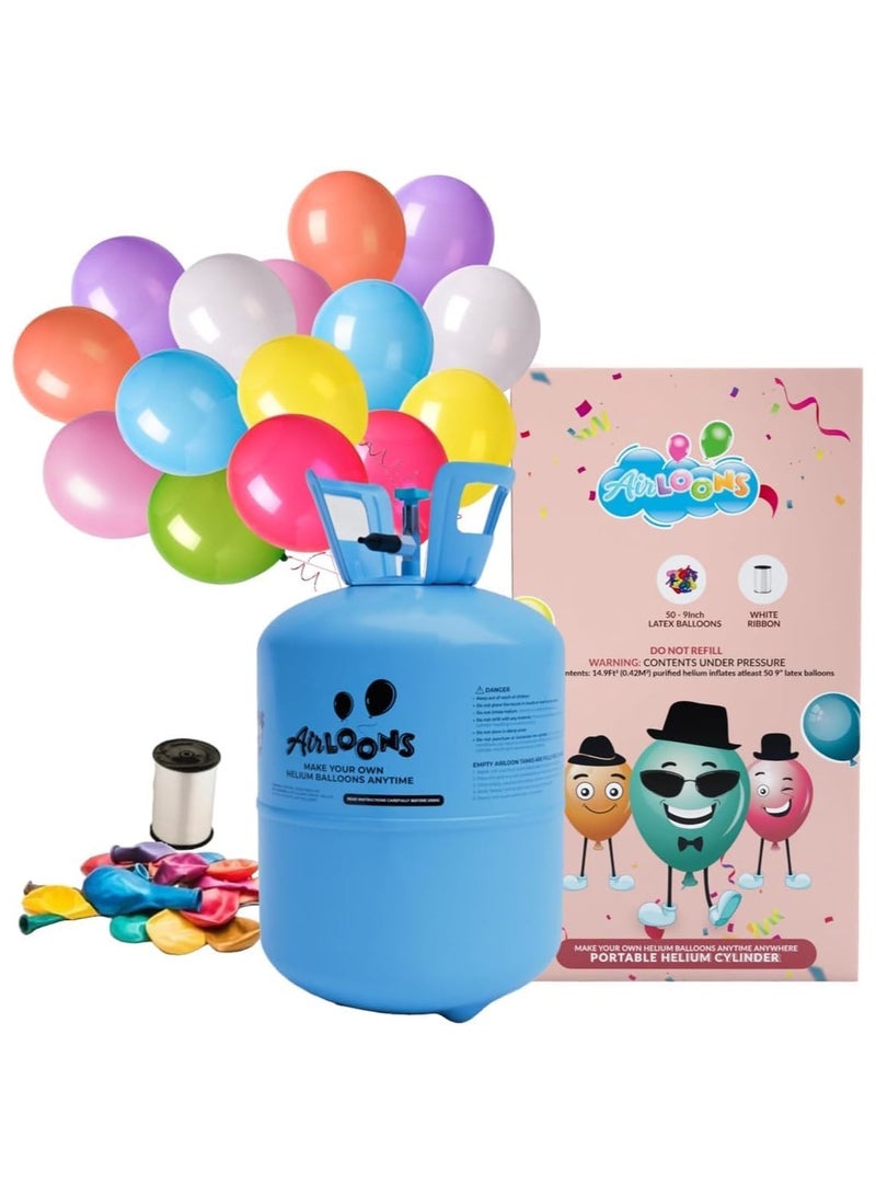 Airloons Jumbo Helium Tank Kit with 50 Mixed Latex Balloons, Ribbon | Disposable Helium Tank | Portable Balloon Pump for Weddings, Birthday Decorations Ramadan Decor, Eid Decor