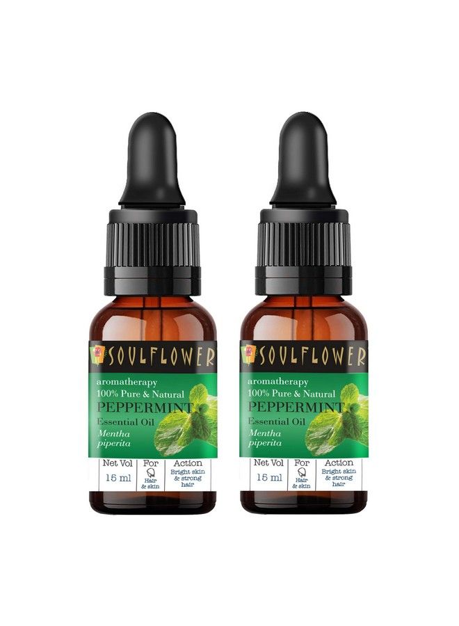 Soulflower Peppermint Essential Oil For Skin & Hair Care Scalp Aromatherapy 100% Pure & Natural Undiluted Oil Ecocert Cosmos Organic Certified (Pack Of 2) 15Ml Each - Image 1