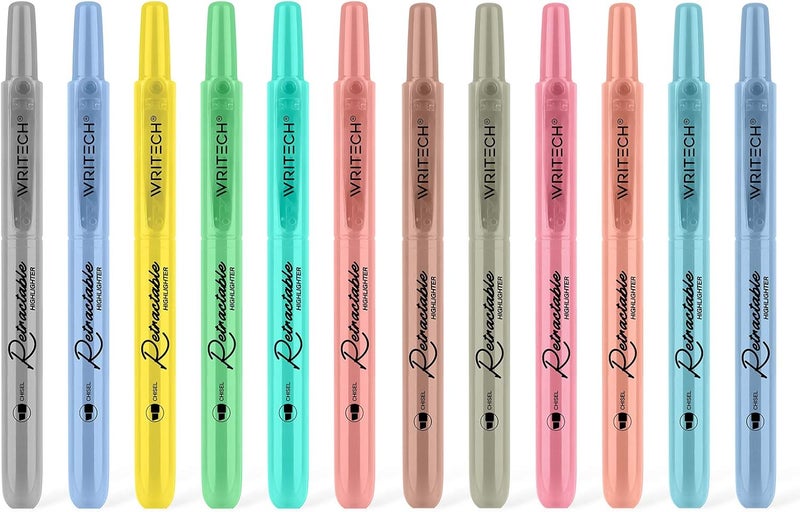 WRITECH Retractable Highlighters Assorted Colors: Chisel Tip Click Aesthetic Highlighter Marker Pens Pack Multi Colored Ink No Bleed Smear for Highlighting Journaling (12ct Mild+Vintage) - Image 1