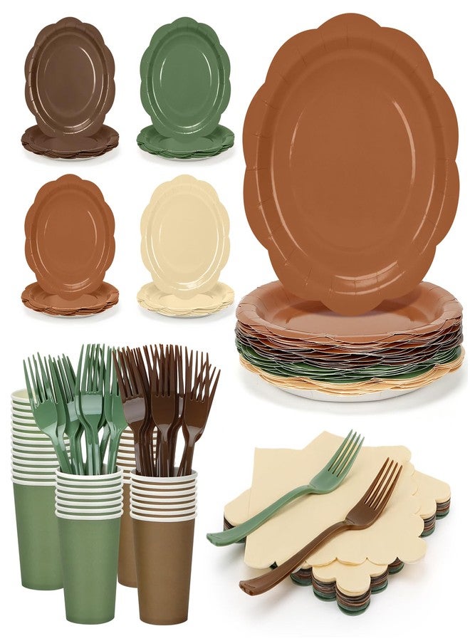 CENLBJ 192Pcs Woodland Plates and Napkins Party Supplies, 9’’ Disposable Scalloped Sage Green and Brown Paper Plates, Woodland Baby Shower Party Decorations for Birthday, Animals Safari Party, Serves 48 - Image 1