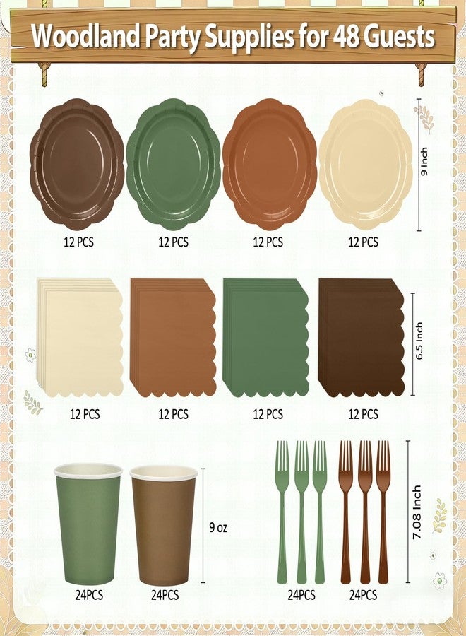 CENLBJ 192Pcs Woodland Plates and Napkins Party Supplies, 9’’ Disposable Scalloped Sage Green and Brown Paper Plates, Woodland Baby Shower Party Decorations for Birthday, Animals Safari Party, Serves 48 - Image 2