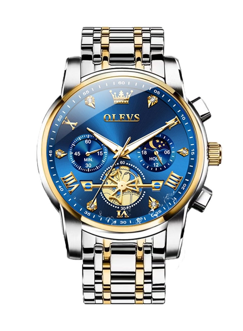 OLEVS Watches for Men Fashion Stainless Steel Quartz Chronograph Water Resistant Watch 42mm 2903 Business Gold Blue Quartz Watches - Image 1