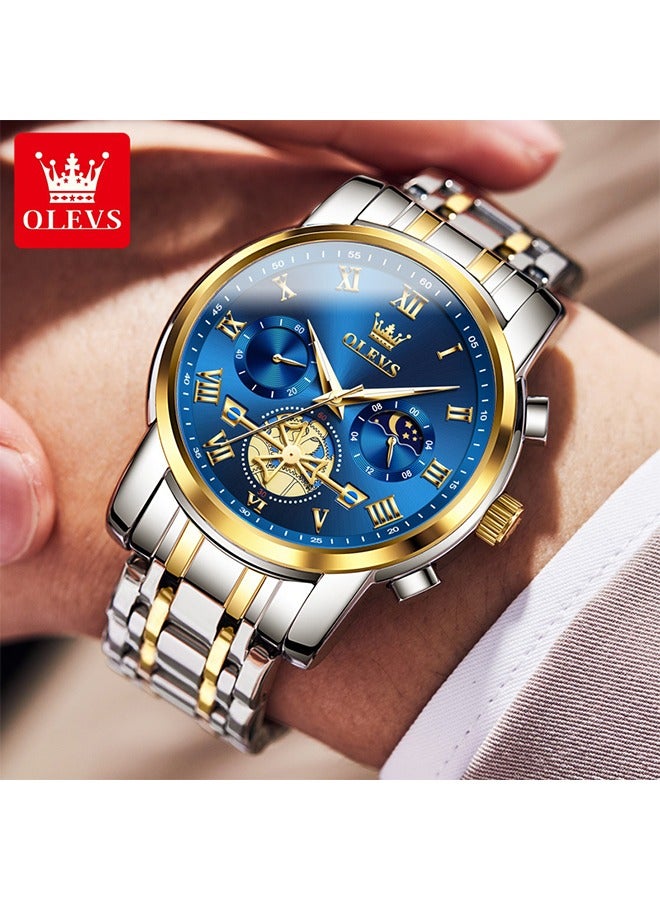 OLEVS Watches for Men Fashion Stainless Steel Quartz Chronograph Water Resistant Watch 42mm 2903 Business Gold Blue Quartz Watches - Image 2