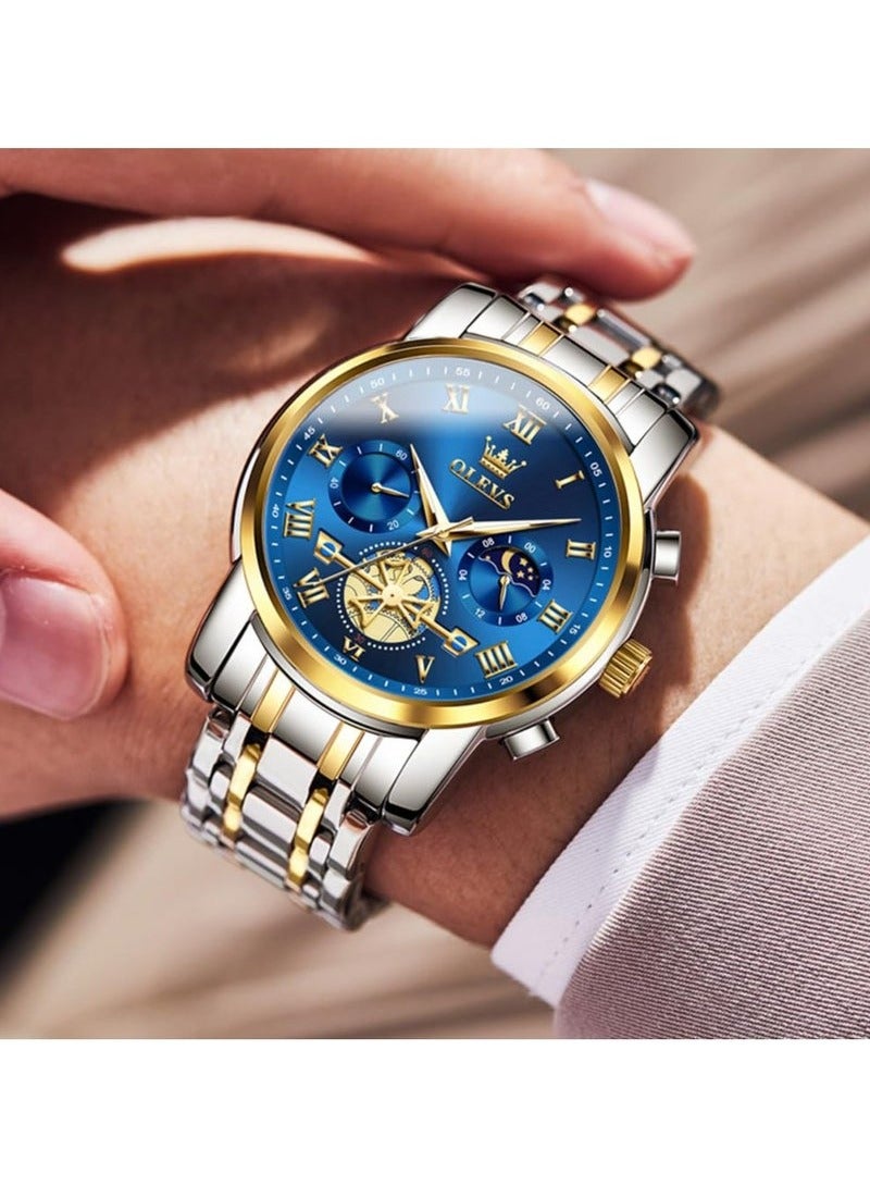 OLEVS Watches for Men Fashion Stainless Steel Quartz Chronograph Water Resistant Watch 42mm 2903 Business Gold Blue Quartz Watches - Image 4