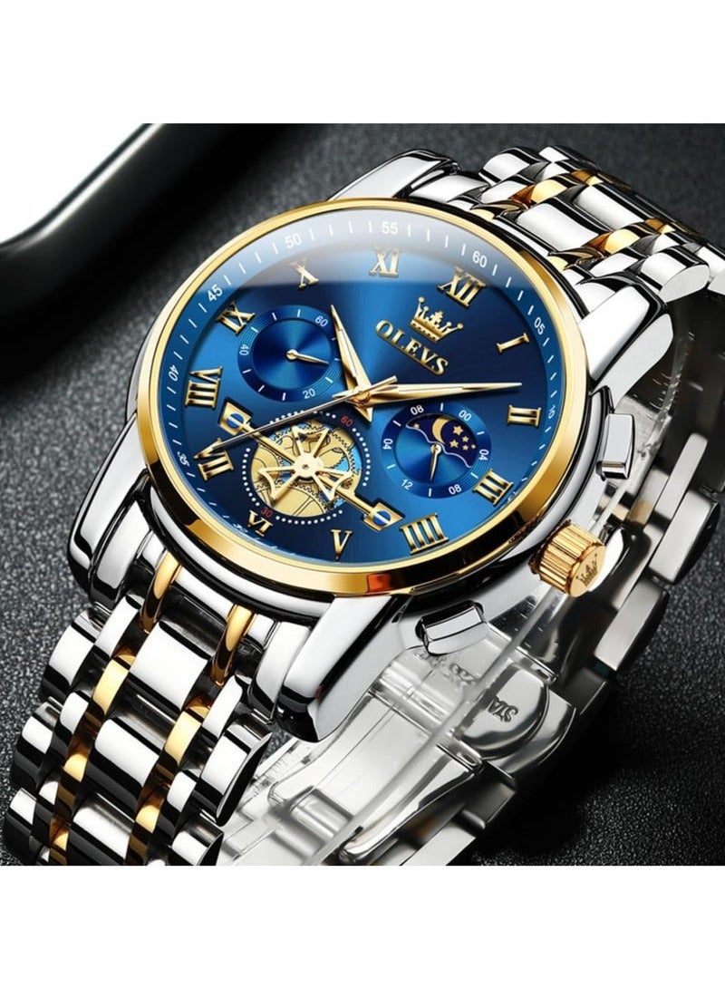 OLEVS Watches for Men Fashion Stainless Steel Quartz Chronograph Water Resistant Watch 42mm 2903 Business Gold Blue Quartz Watches - Image 5