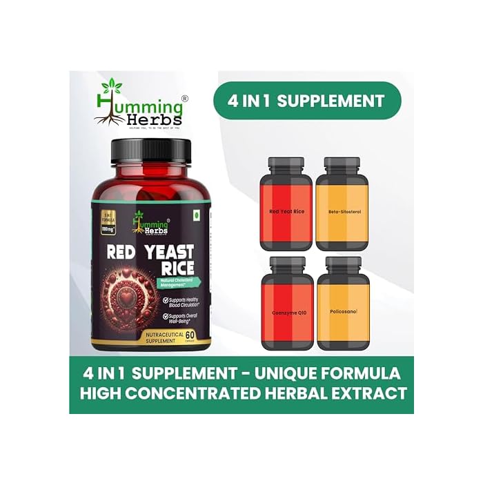 Humming Herbs Red Yeast Rice 1100mg with CoQ10, Policosanol, Beta Sitosterol & Lycopene Formula 60 Capsules - Image 5