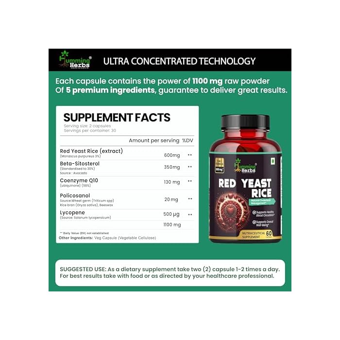 Humming Herbs Red Yeast Rice 1100mg with CoQ10, Policosanol, Beta Sitosterol & Lycopene Formula 60 Capsules - Image 3