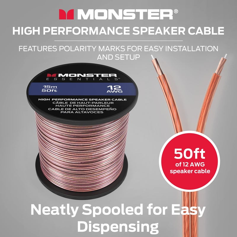 Monster XP 12 Gauge Speaker Wire Cable 50 FT Spool, Copper Clad Aluminum (CCA) Audio Wire with Polarity Markings, for Home Theater Speakers and Car Audio Systems - Image 2