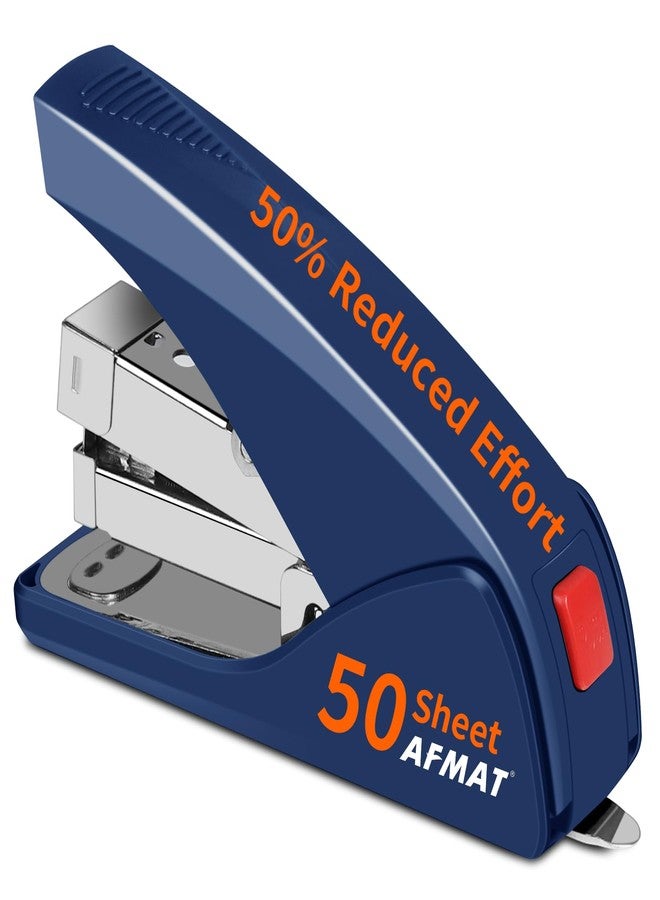 AFMAT Effortless Stapler for Desk, 50 Sheet Capacity, Low Force, Built-in Staple Remover, One Finger Touch Stapling Desktop Stapler, Portable & Space Save Size, Good for Home & Office, Blue - Image 1