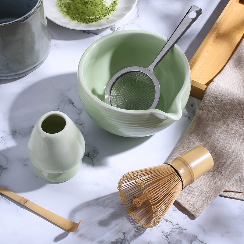 ZENRC Ceremony Matcha Kit - Bamboo Matcha Whisk (Chasen) Scoop (Chashaku) Chawan Bowl with Pouring Spout Whisk Holder Strainer- The Perfect Matcha Set (Apple Green, Set of 6) - Image 2