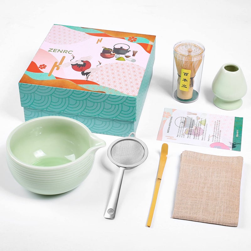 ZENRC Ceremony Matcha Kit - Bamboo Matcha Whisk (Chasen) Scoop (Chashaku) Chawan Bowl with Pouring Spout Whisk Holder Strainer- The Perfect Matcha Set (Apple Green, Set of 6) - Image 1