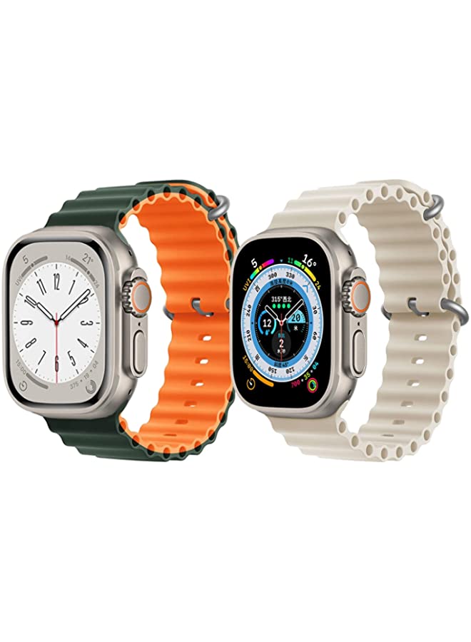 IAF Silicone Ocean Band Strap for Apple Watch Ultra 8 49mm Green/Orange Double Side Strap with Off White Single Color Strap Set of 2