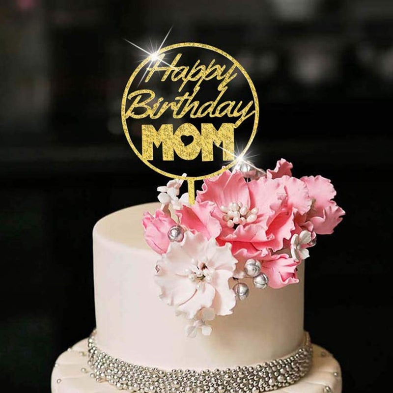 YUINYO Happy Birthday Cake Topper For MOM party, Cake Topper for mama cake topper decorations Happy mother party supplies (Gold Acrylic)