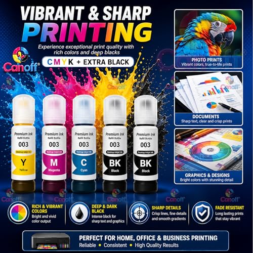 CANOFF 003 Refill Ink Bottle Compatible for Epson L3110, L3150, L3250, L3252, L3115, L3116 Ink Tank Printers – High Yield, Vibrant Colors, Long-Lasting, Easy to Refill for Smooth Printing 5pc (CMYK) - Image 5