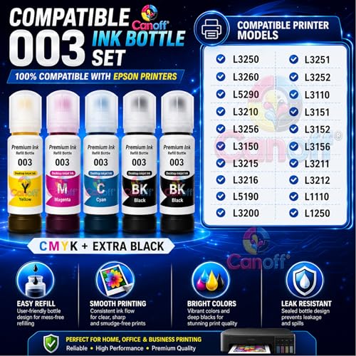 CANOFF 003 Refill Ink Bottle Compatible for Epson L3110, L3150, L3250, L3252, L3115, L3116 Ink Tank Printers – High Yield, Vibrant Colors, Long-Lasting, Easy to Refill for Smooth Printing 5pc (CMYK) - Image 2