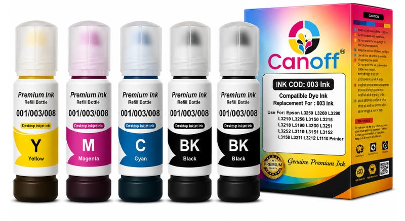 CANOFF 003 Refill Ink Bottle Compatible for Epson L3110, L3150, L3250, L3252, L3115, L3116 Ink Tank Printers – High Yield, Vibrant Colors, Long-Lasting, Easy to Refill for Smooth Printing 5pc (CMYK) - Image 1
