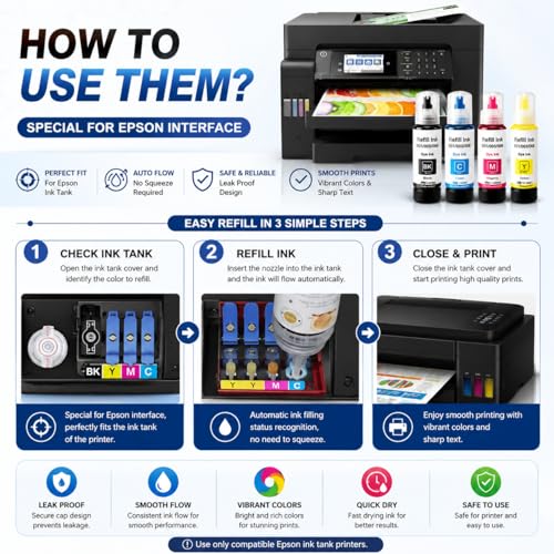 CANOFF 003 Refill Ink Bottle Compatible for Epson L3110, L3150, L3250, L3252, L3115, L3116 Ink Tank Printers – High Yield, Vibrant Colors, Long-Lasting, Easy to Refill for Smooth Printing 5pc (CMYK) - Image 4