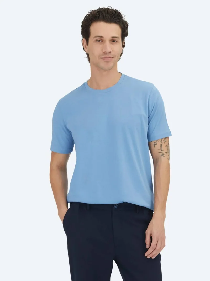 Kip Unisex Blue Plain Crew Neck 100% Cotton T-Shirt