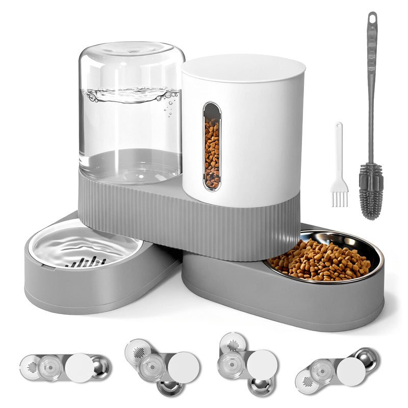 Bsemax Automatic Gravity Cat Dog Feeder and Water Dispenser with 304 Stainless Steel Bowls 2 in 1 360 Degree Rotatable Auto 2.4L Dry Food and 2.6L Water Bowl for Small Medium Pet Dog Puppy Kitten (Gray) - Image 1