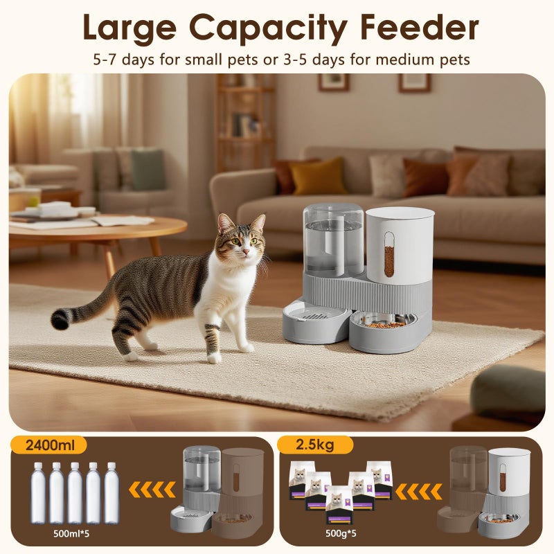 Bsemax Automatic Gravity Cat Dog Feeder and Water Dispenser with 304 Stainless Steel Bowls 2 in 1 360 Degree Rotatable Auto 2.4L Dry Food and 2.6L Water Bowl for Small Medium Pet Dog Puppy Kitten (Gray) - Image 2