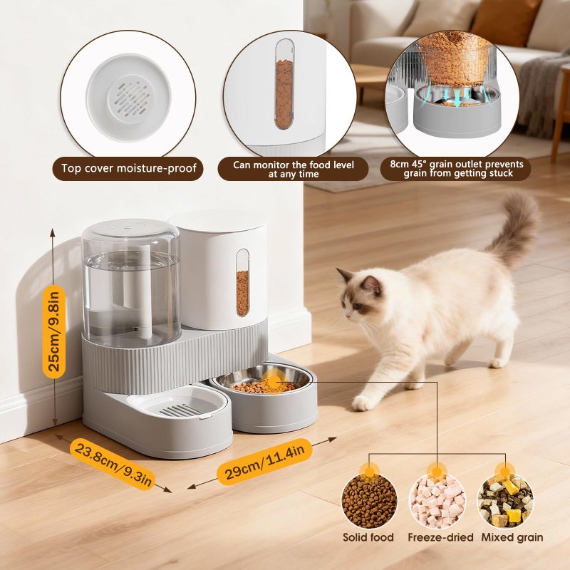 Bsemax Automatic Gravity Cat Dog Feeder and Water Dispenser with 304 Stainless Steel Bowls 2 in 1 360 Degree Rotatable Auto 2.4L Dry Food and 2.6L Water Bowl for Small Medium Pet Dog Puppy Kitten (Gray) - Image 5