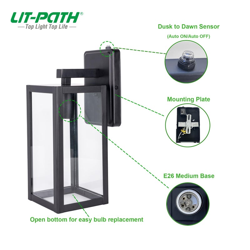 LIT-PaTH Dusk to Dawn Outdoor Wall Lantern, Wall Sconce as Porch Lighting Fixture, E26 Medium Base Max 60W, Anti-Rust Metal with Glass Shade, Black, 1-Pack - Image 2