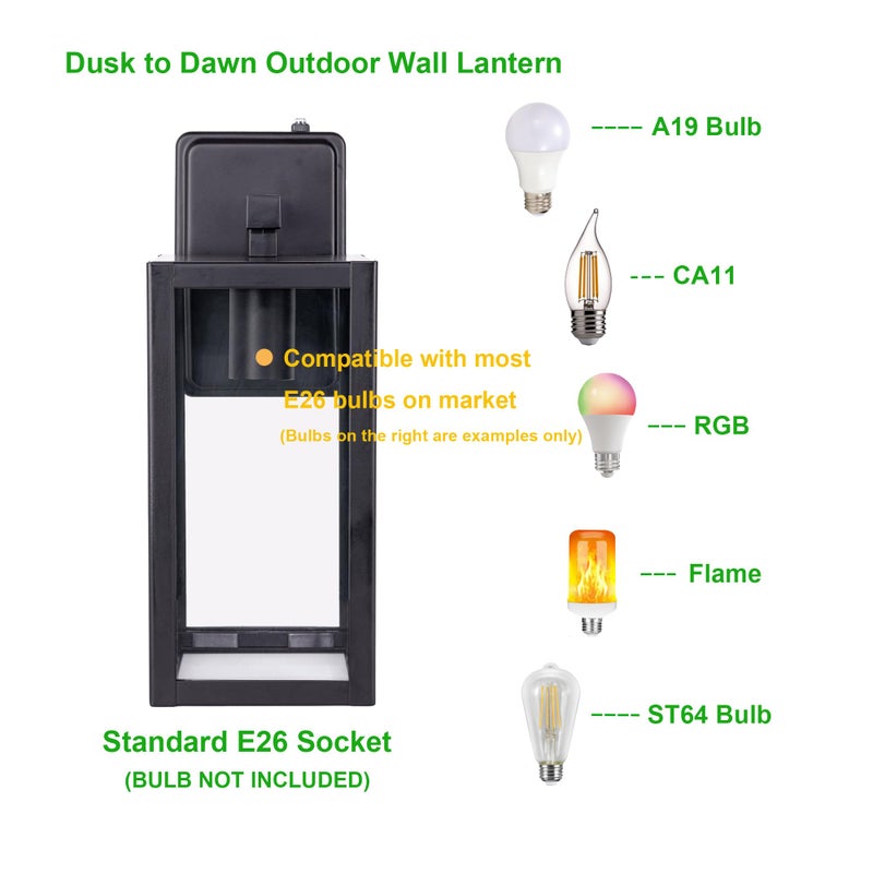 LIT-PaTH Dusk to Dawn Outdoor Wall Lantern, Wall Sconce as Porch Lighting Fixture, E26 Medium Base Max 60W, Anti-Rust Metal with Glass Shade, Black, 1-Pack - Image 3