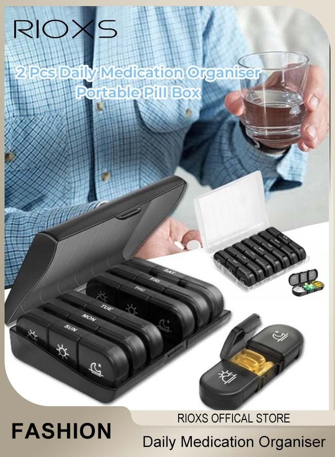 ريوكس 2 قطع منظم الدواء اليومي 7 مقصورة المحمولة حبوب منع الحمل مربع السفر الدواء المنظم لحبوب منع الحمل الفيتامينات مكملات زيت السمك - Image 1