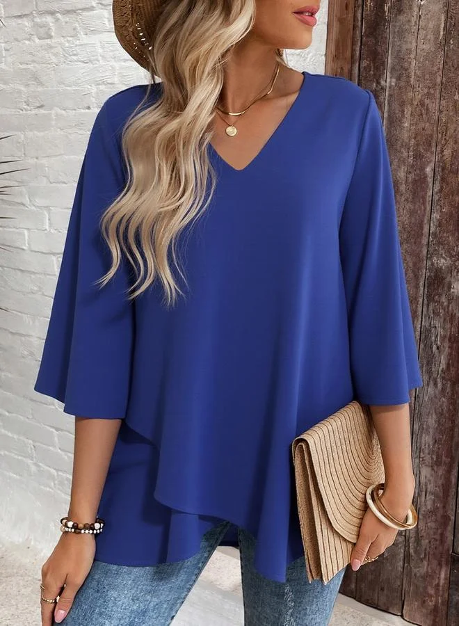 Take Two Blue Asymmetric Top with 3/4 Sleeve