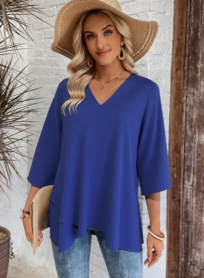 Take Two Blue Asymmetric Top with 3/4 Sleeve