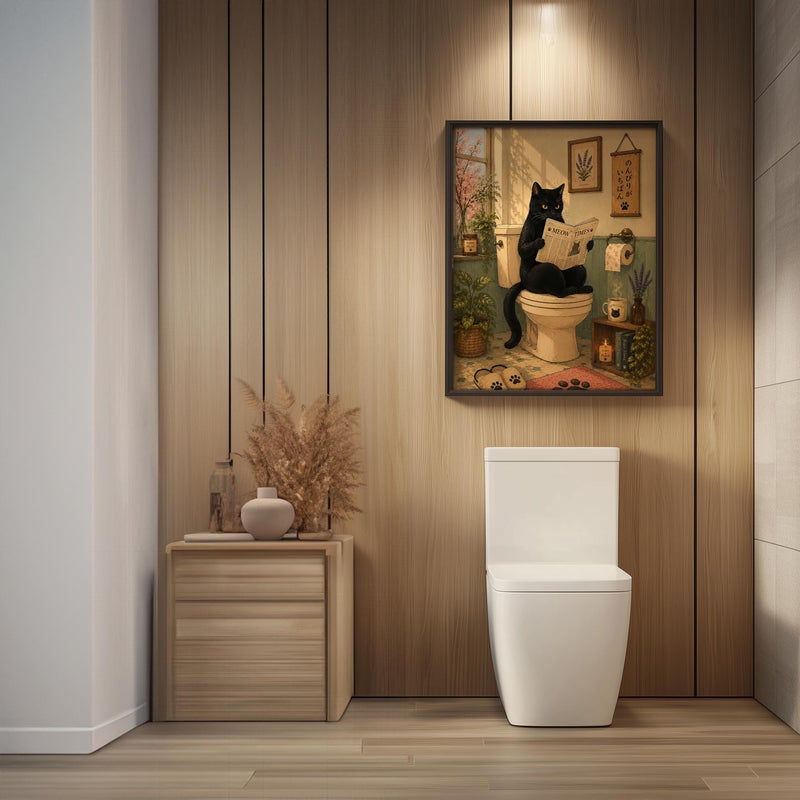 TNESSENTIAL Black Cat Bathroom Wall Art, Meow Times Newspaper Print, Original Artwork, Funny Cat Toilet Poster, Cottagecore Decor, Cat Bathroom Art Gift - Image 4