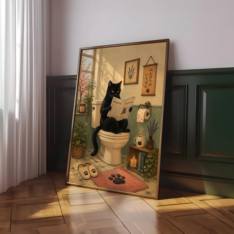TNESSENTIAL Black Cat Bathroom Wall Art, Meow Times Newspaper Print, Original Artwork, Funny Cat Toilet Poster, Cottagecore Decor, Cat Bathroom Art Gift - Image 5
