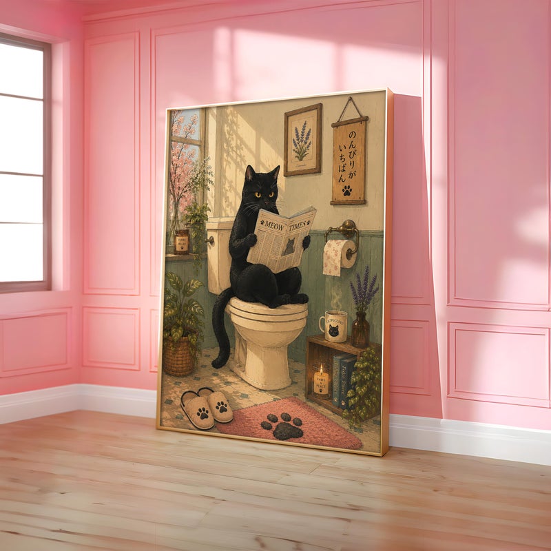TNESSENTIAL Black Cat Bathroom Wall Art, Meow Times Newspaper Print, Original Artwork, Funny Cat Toilet Poster, Cottagecore Decor, Cat Bathroom Art Gift - Image 2