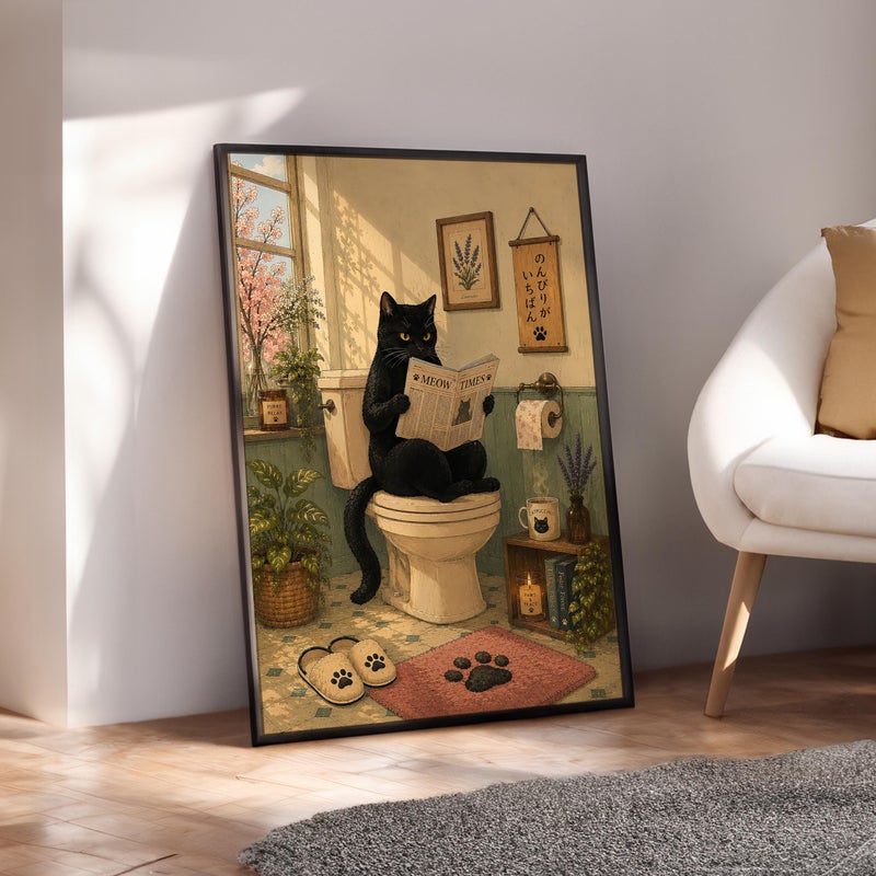 TNESSENTIAL Black Cat Bathroom Wall Art, Meow Times Newspaper Print, Original Artwork, Funny Cat Toilet Poster, Cottagecore Decor, Cat Bathroom Art Gift - Image 3