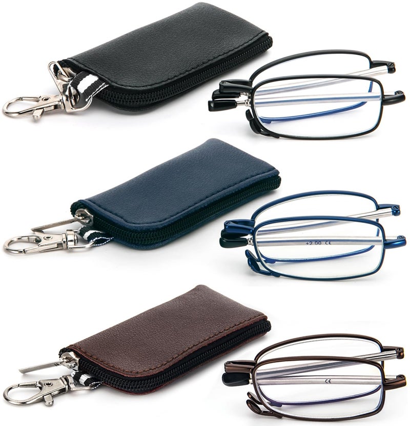 REAVEE 3 Pack Folding Reading Glasses with Keychain Compact Bags for Women Men Blue Light Blocking Spring Hinge Portable Pocket Readers Black Brown and Blue 15