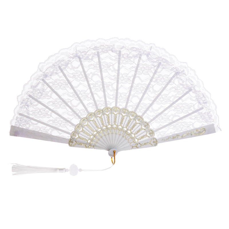 Jmkcoz Lace Handheld Folding Fan Embroidered Flower Bridal Hand Fan Chinese Japanese Vintage Fan for 1920s Costume Wedding Dancing Tea Party (1, White) - Image 1