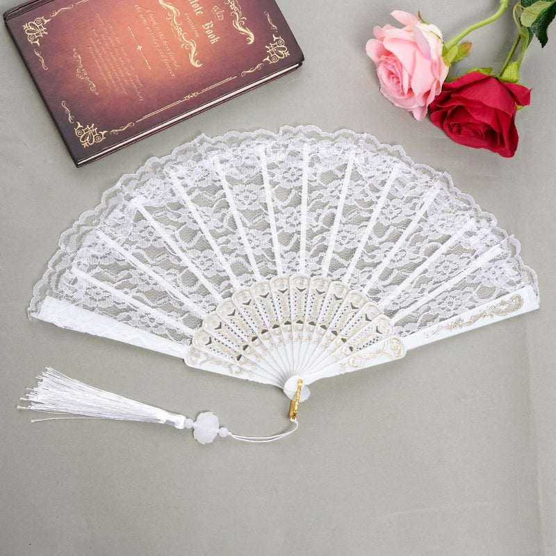 Jmkcoz Lace Handheld Folding Fan Embroidered Flower Bridal Hand Fan Chinese Japanese Vintage Fan for 1920s Costume Wedding Dancing Tea Party (1, White) - Image 4