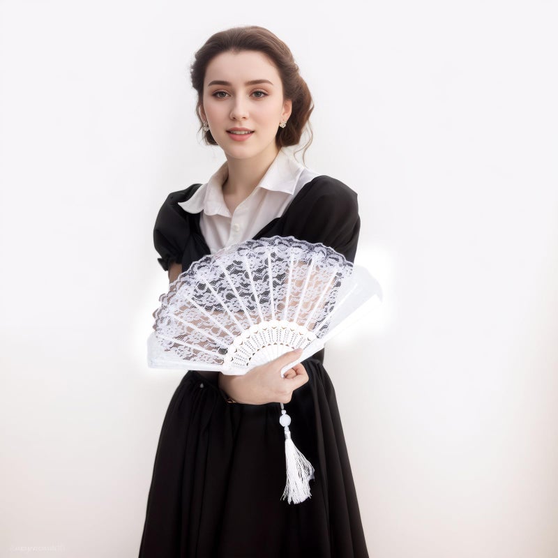 Jmkcoz Lace Handheld Folding Fan Embroidered Flower Bridal Hand Fan Chinese Japanese Vintage Fan for 1920s Costume Wedding Dancing Tea Party (1, White) - Image 5